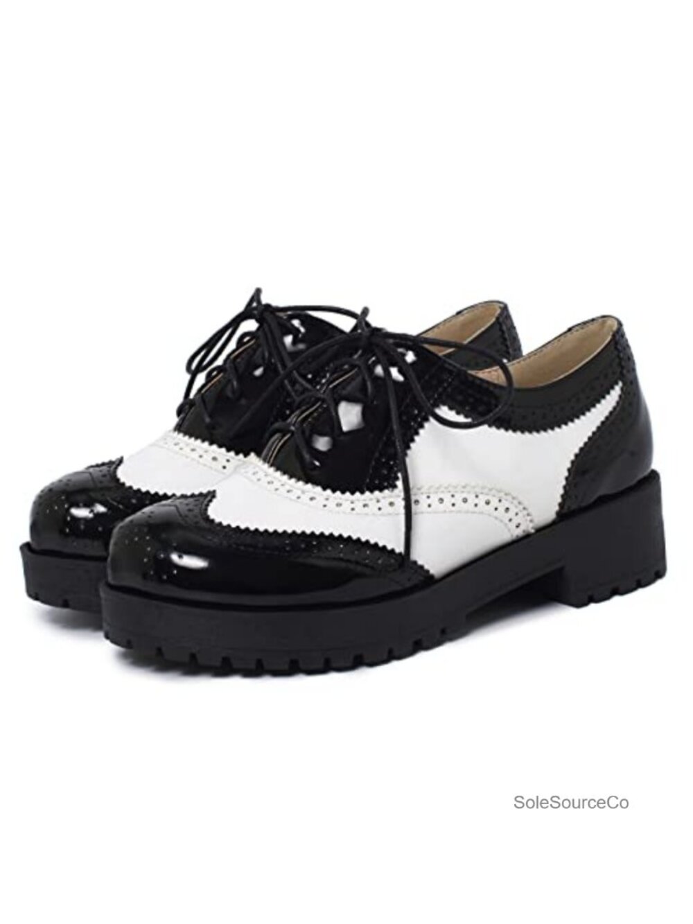 Patent Leather Wingtip Oxford Chunky Mid Heel Brogues Lug Sole Platform